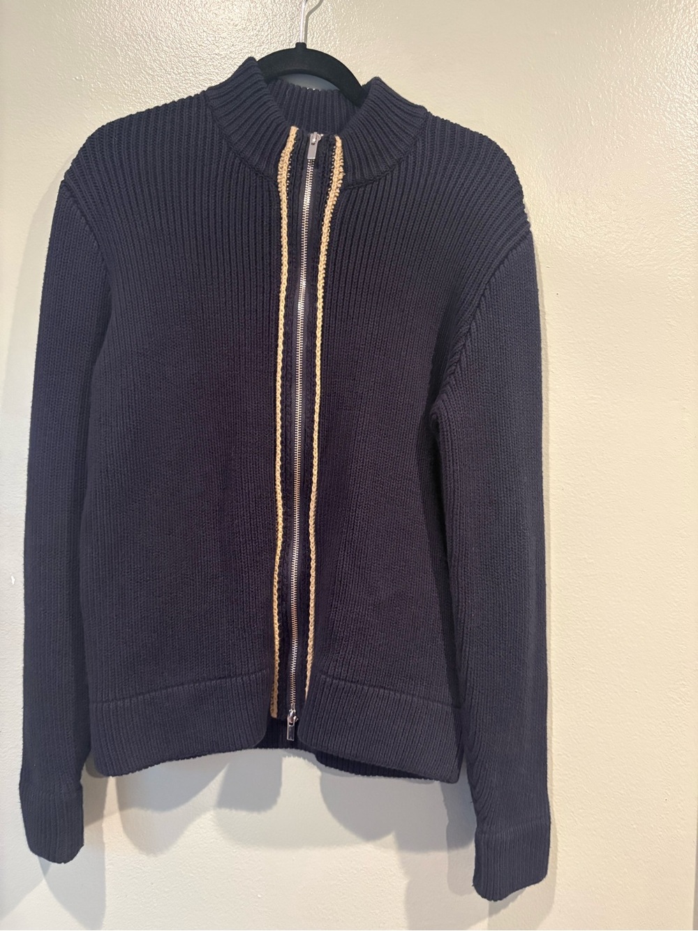 ATM Anthony Thomas Melillo Navy Ribbed Zip-Up Sweater with Tan Trim